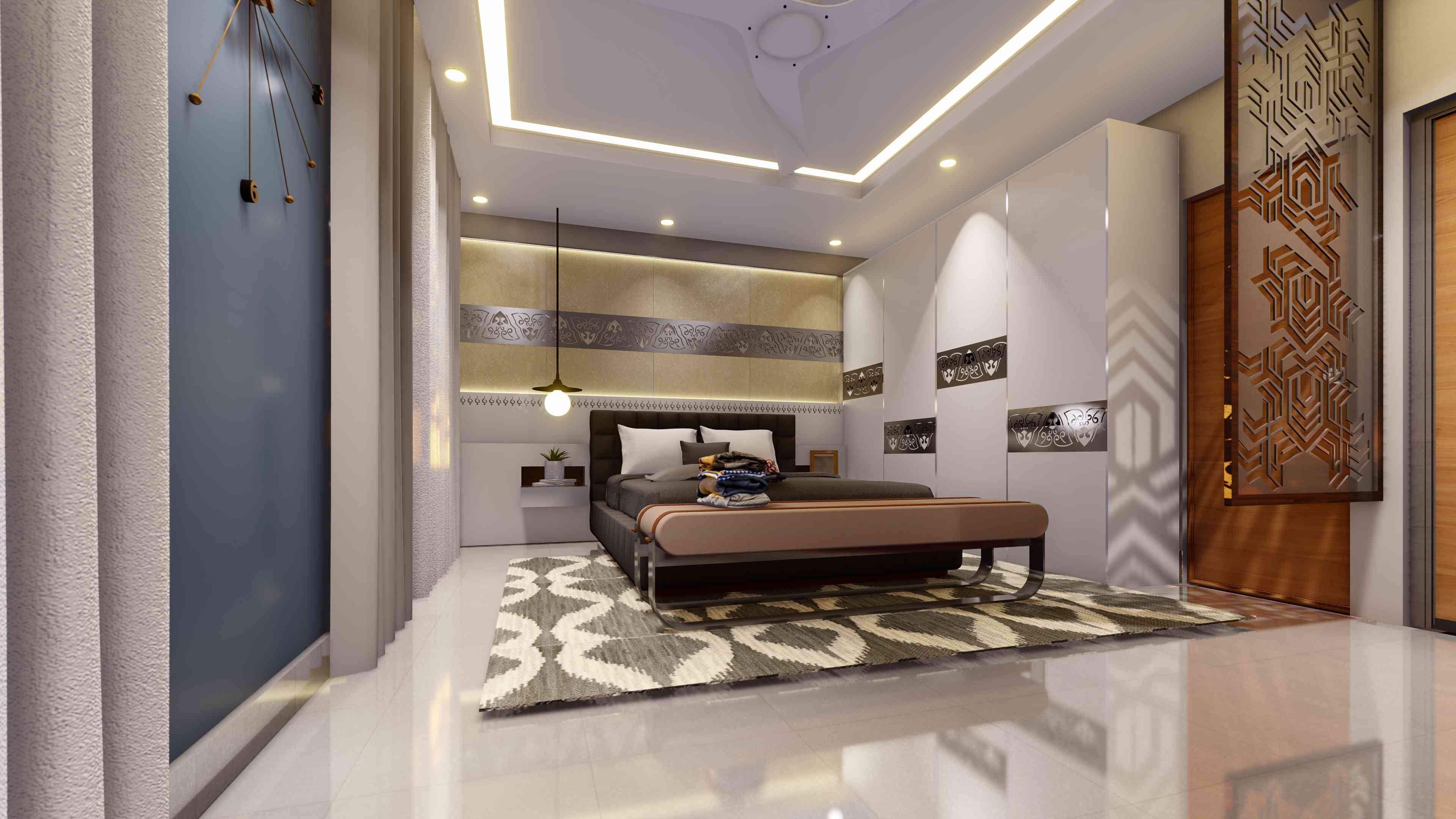 Master Bedroom Design With Hanging CNC Jali And Headboard With Backlit