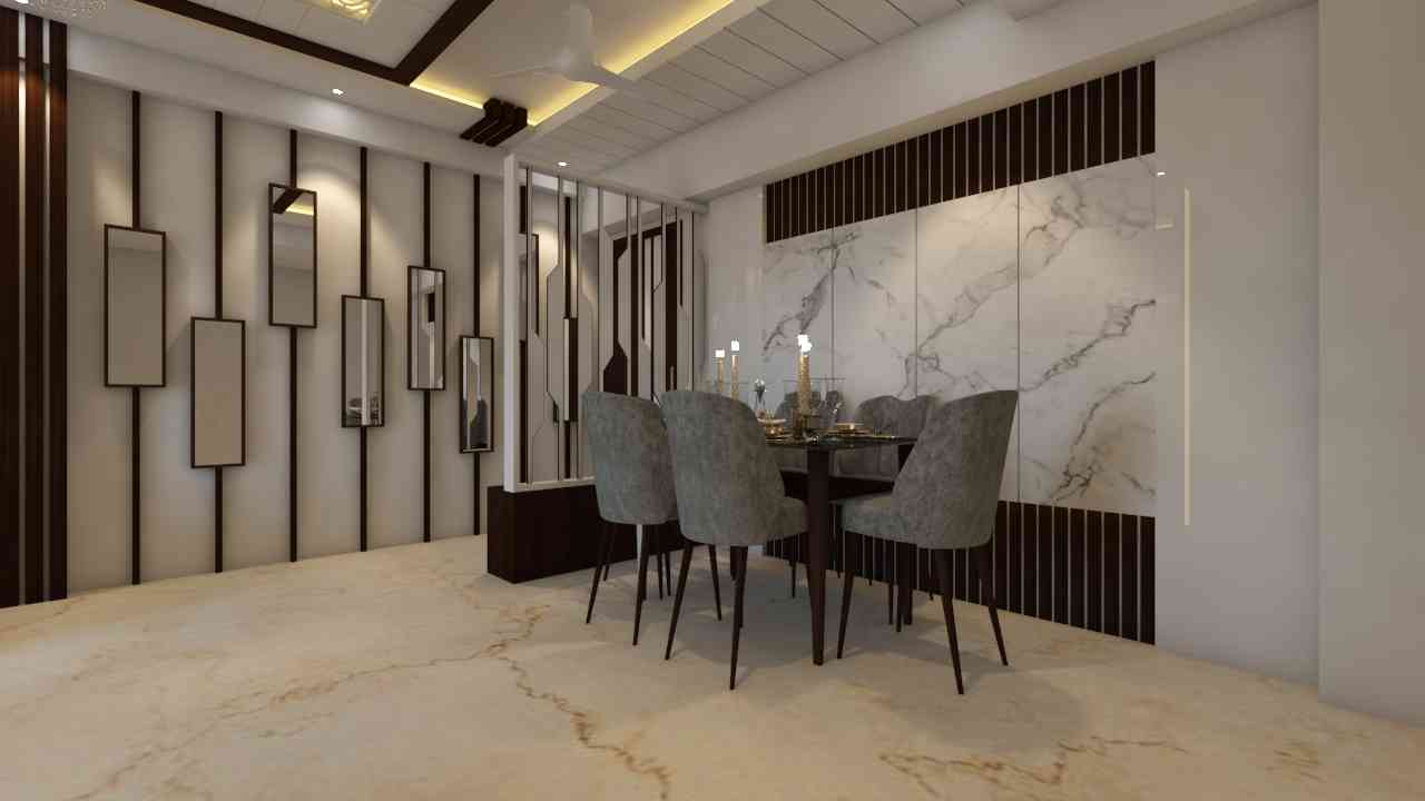 Modern Dining Room Design With Wall Mounted Hexagonal Mirrors