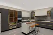 Contemporary Lilac And Off White Modular Island Kitchen Design With Brown Bar Stools