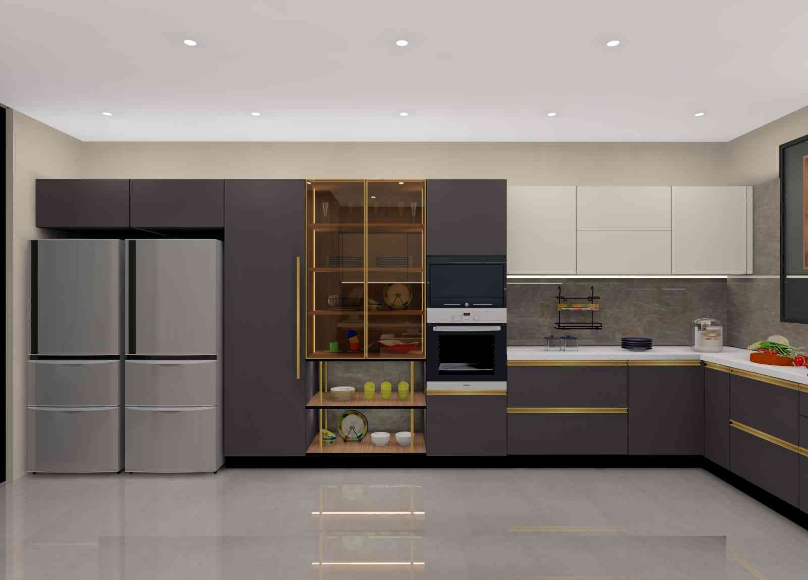 Modern Metallic Gray Modular Open Kitchen Design