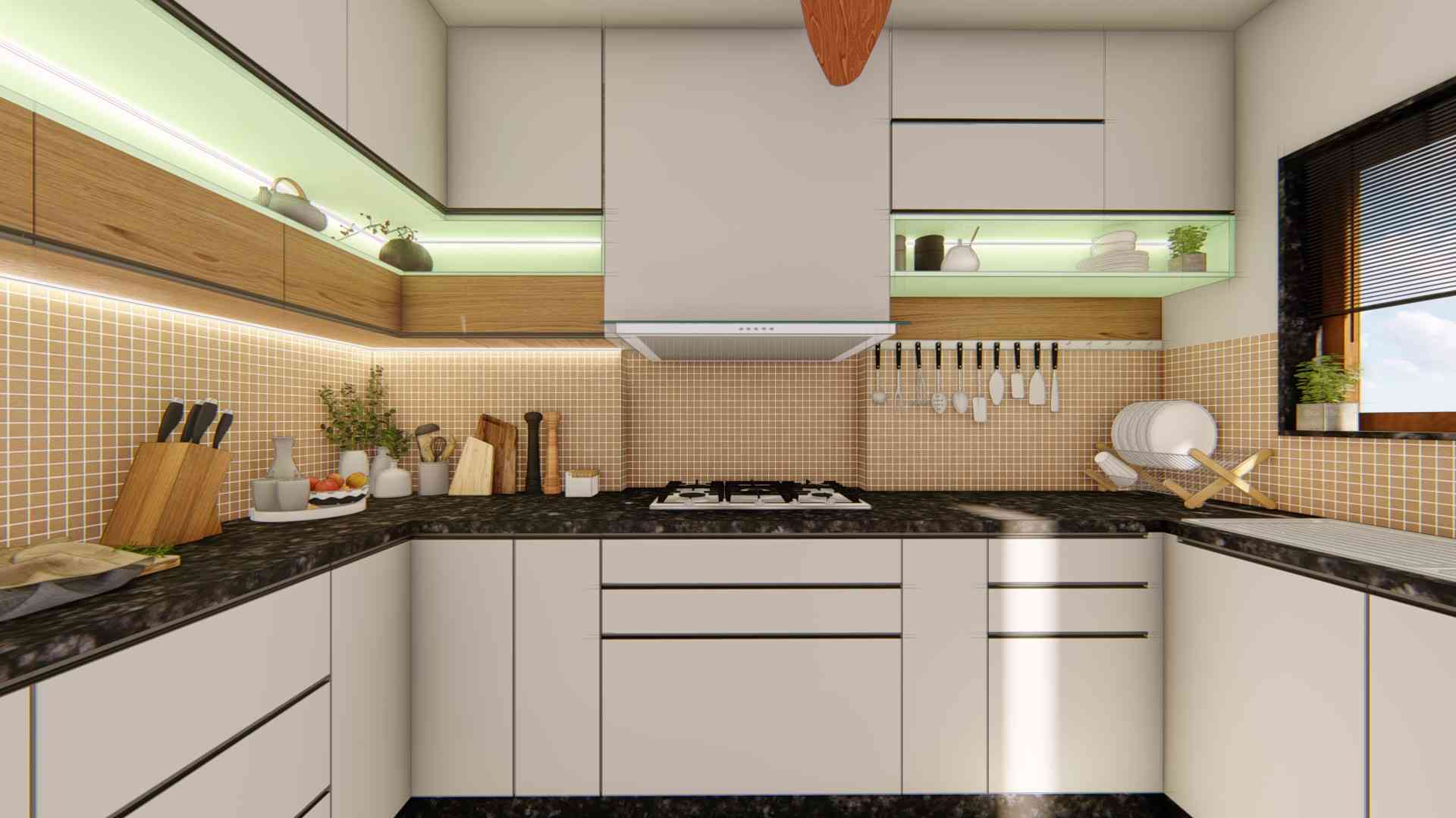 Modern U-Shape Modular Parallel Teak and Magnolia Kitchen Design with Suede Finish