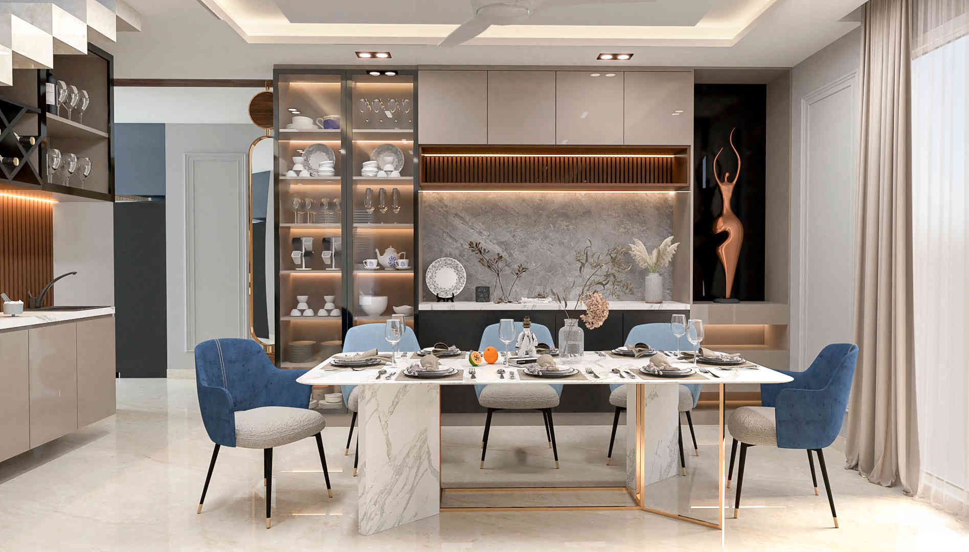 Modern Dining Room Design With Crockery And Buffet Unit