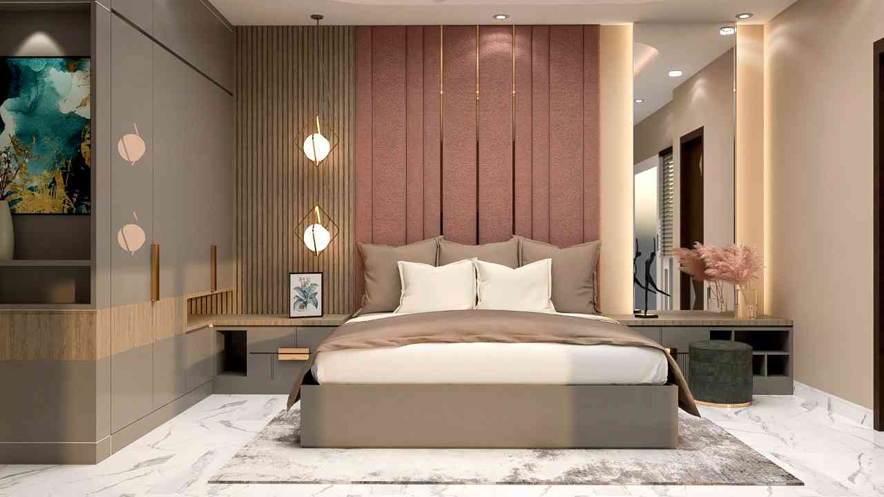 Modern Master Bedroom Design With Pink Accent Wall And Mirrors