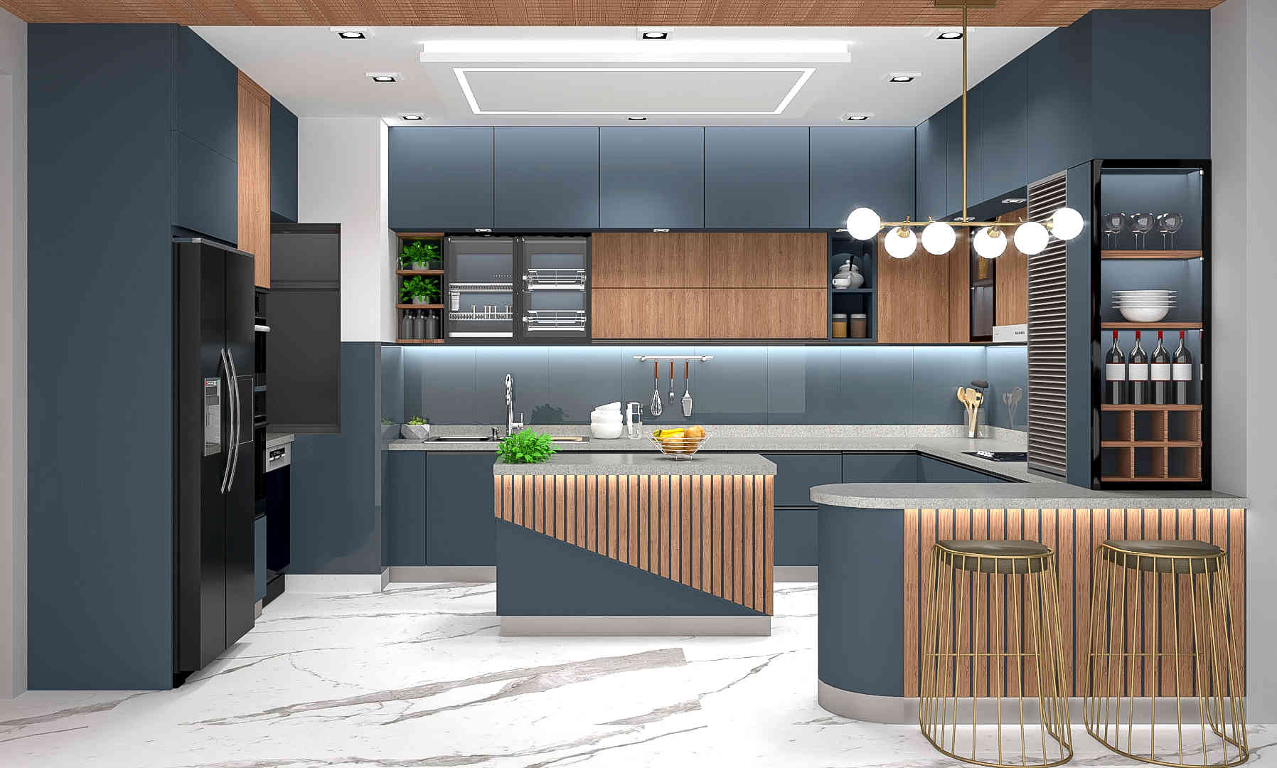 Modern Blue And Silver Frost Modular L-Shaped Kitchen Design With Golden Bar Stools