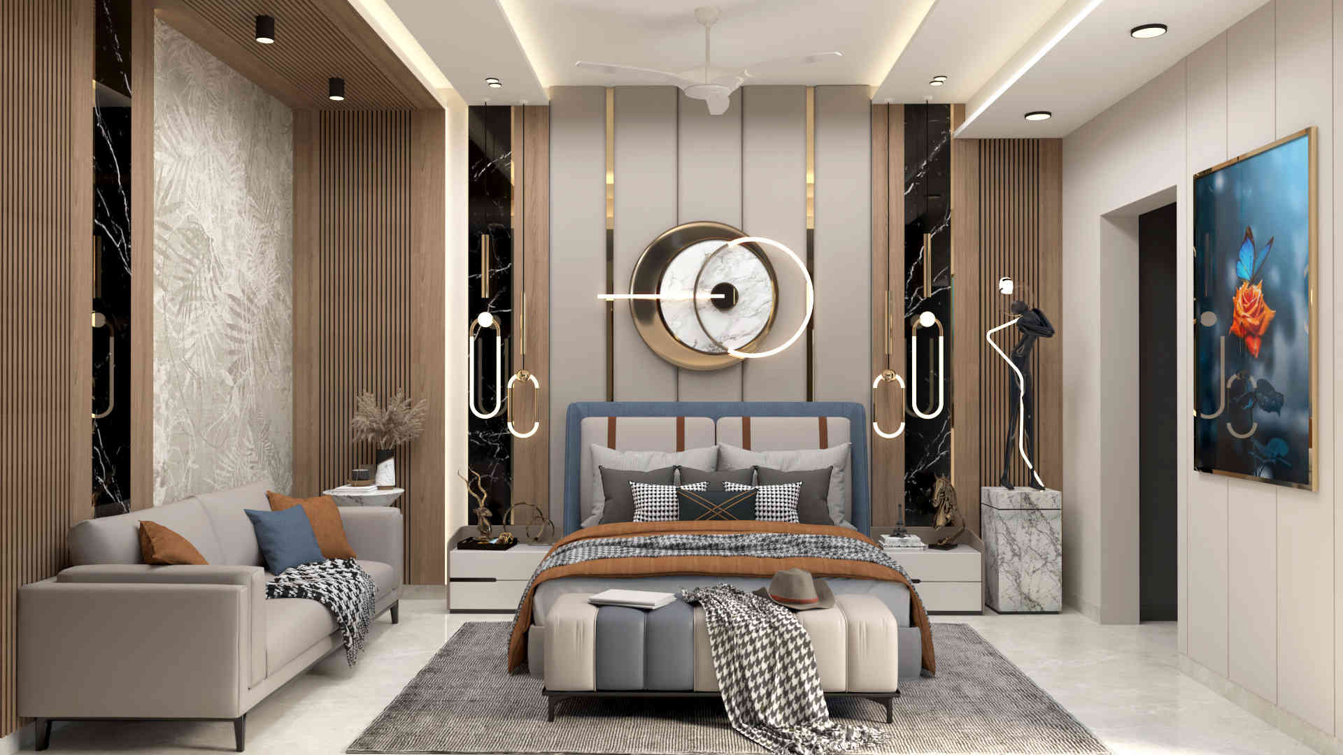 Contemporary Modern Bedroom Design With Beige And Brown Accent Wall And Fluted Panelling