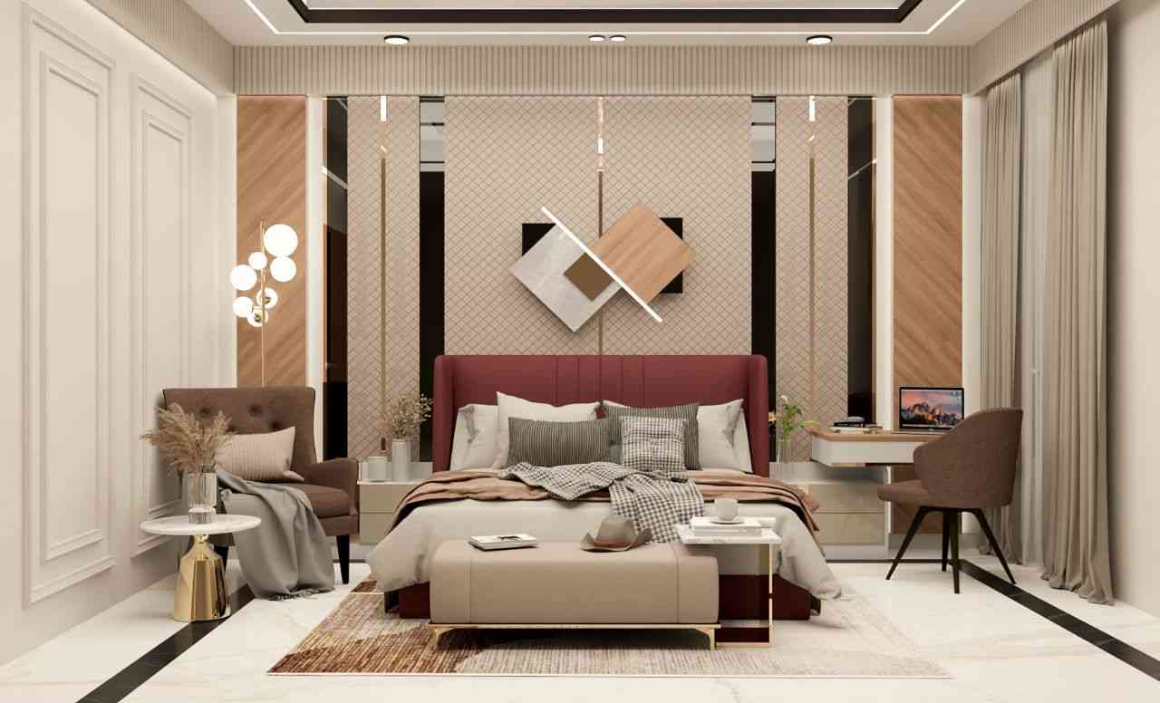 Contemporary Modern Bedroom Design With Ornamental Beige Accent Wall And Mirrors
