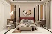 Contemporary Modern Bedroom Design With Ornamental Beige Accent Wall And Mirrors