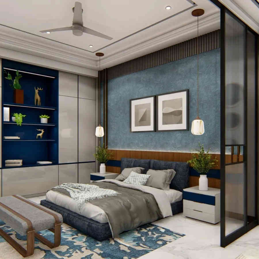 Modern Master Bedroom Design With Blue And White Damask Wallpaper