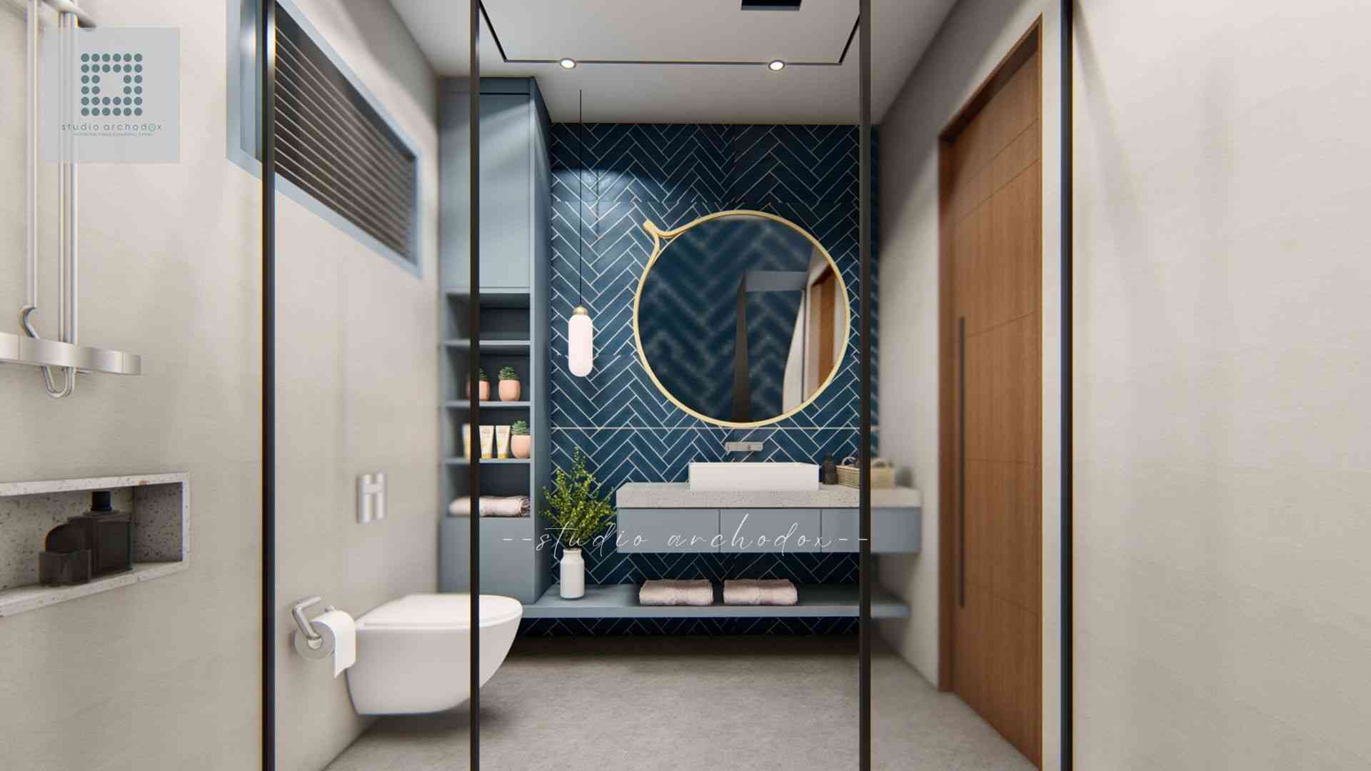 Stylish Modern Bathroom with Elegant Navy Herringbone Tiles