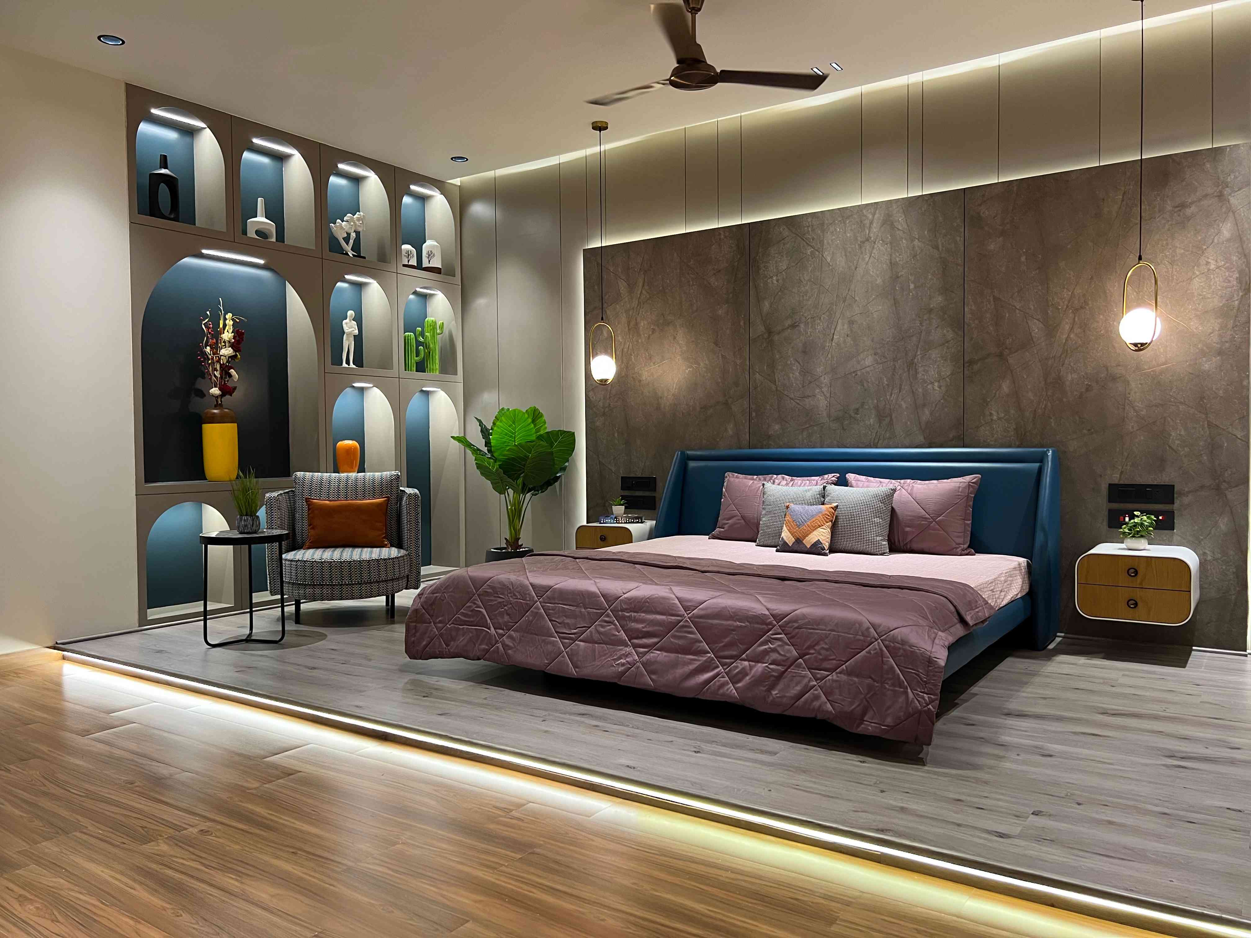 Contemporary Bedroom Design With Furniture And Designer Hanging Lights
