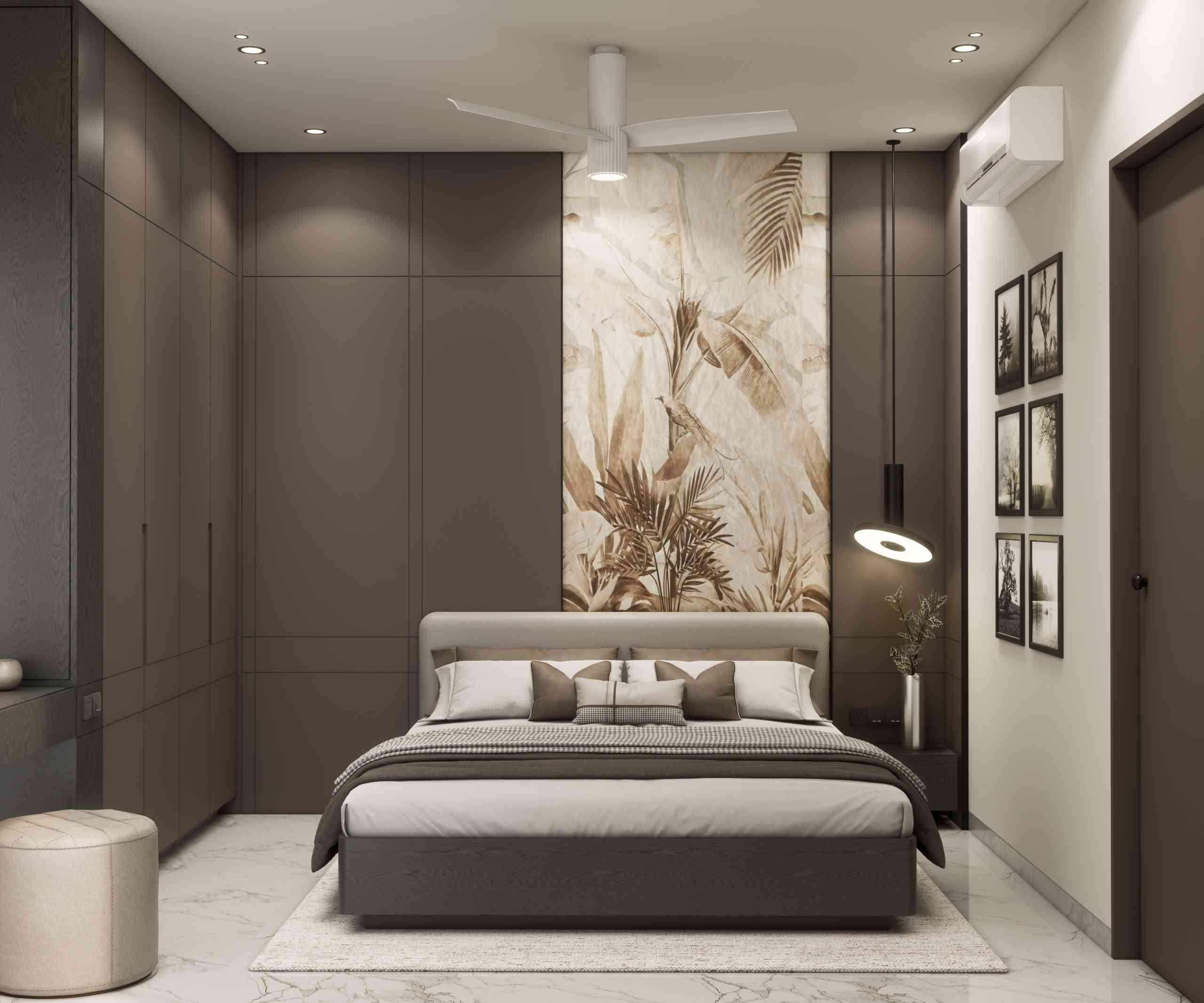 Master Bedroom with Earthy Tones and Nature-Inspired Wall