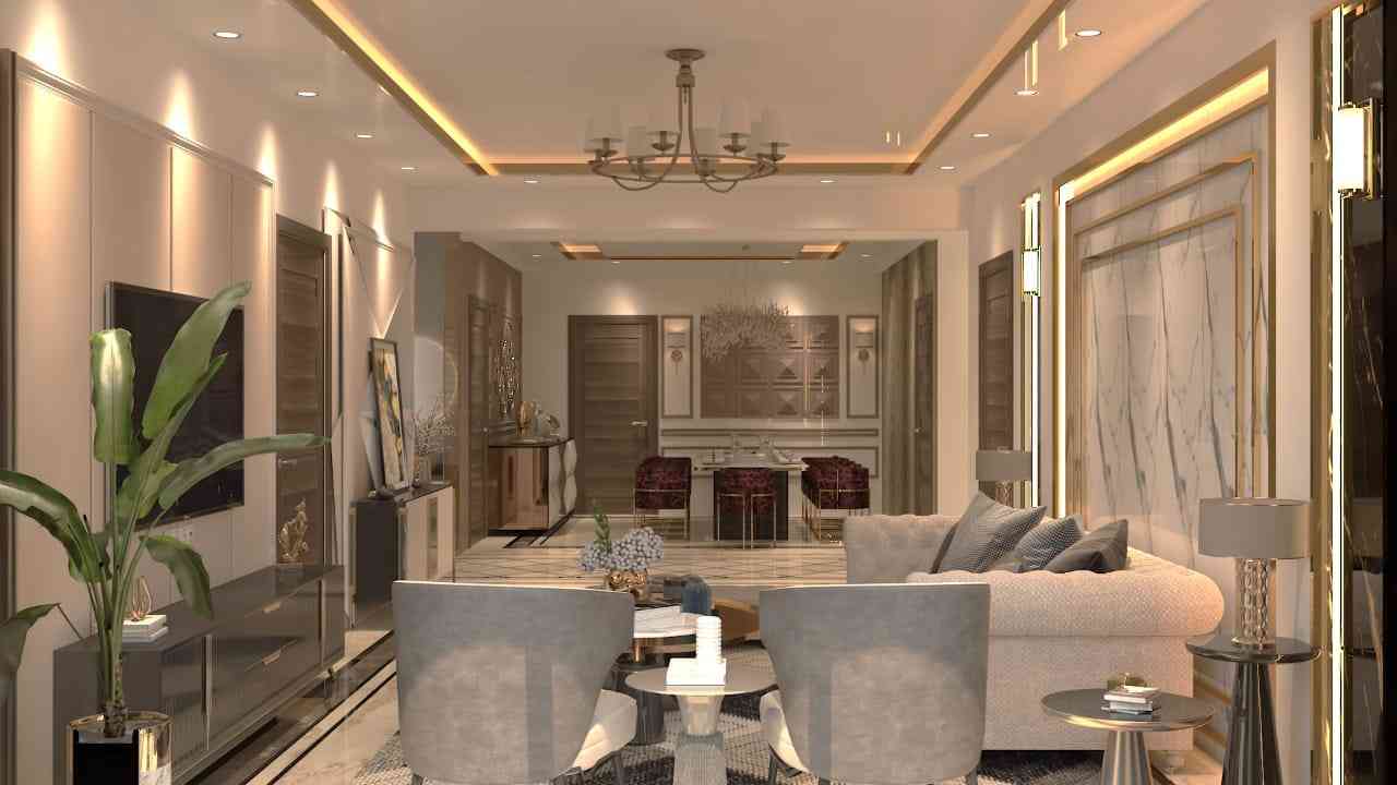 Luxury Living Room Design With A Beige Upholstered L-Shaped Sofa