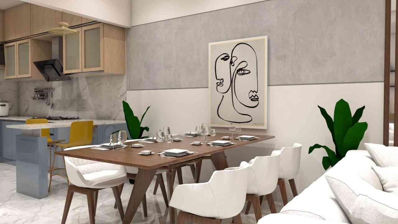Contemporary White Dining Room Design With Grey Accent Wall