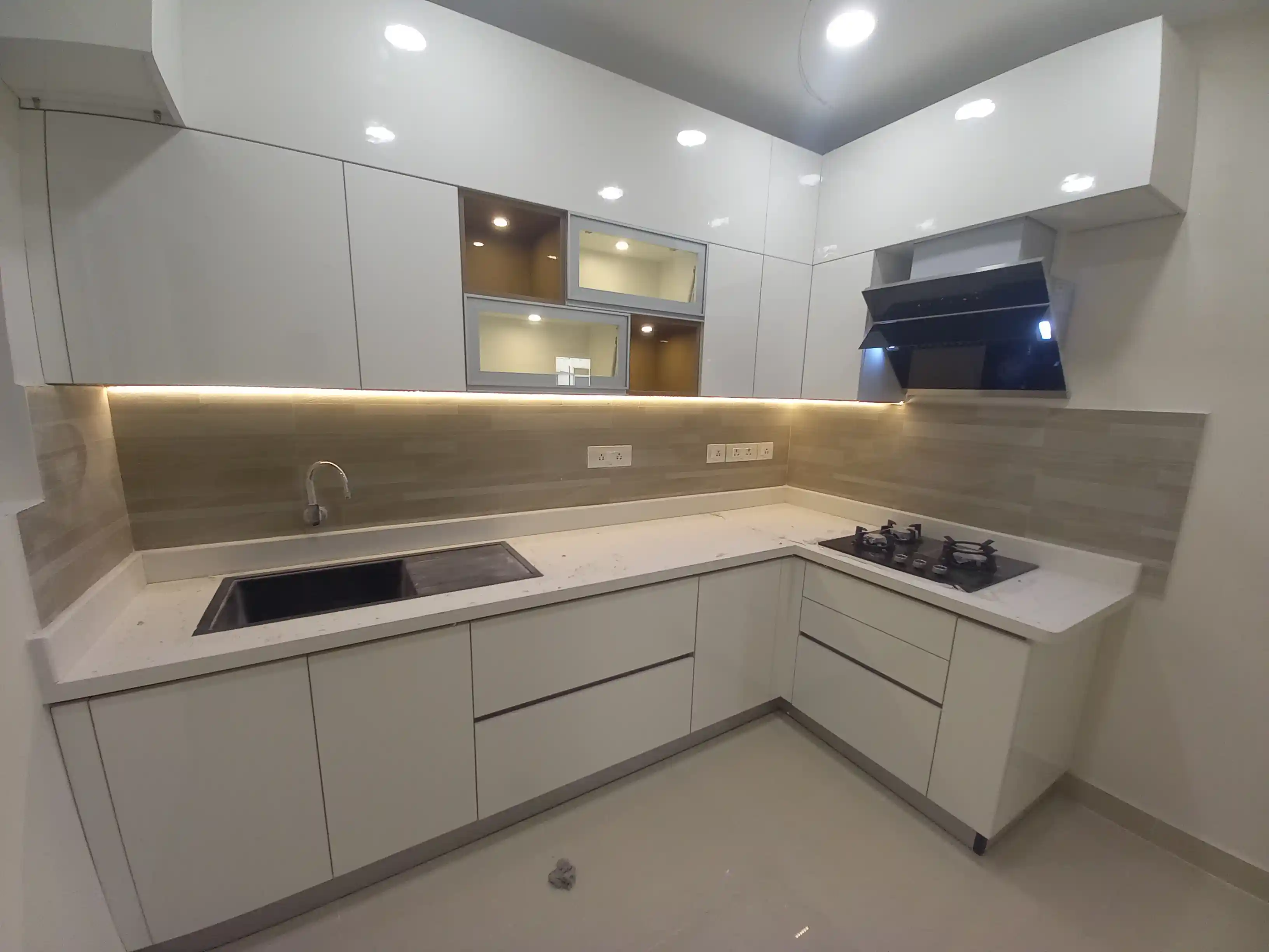 Modern L-Shape Modular Kitchen Design with Dark Grey Base and Tall ...