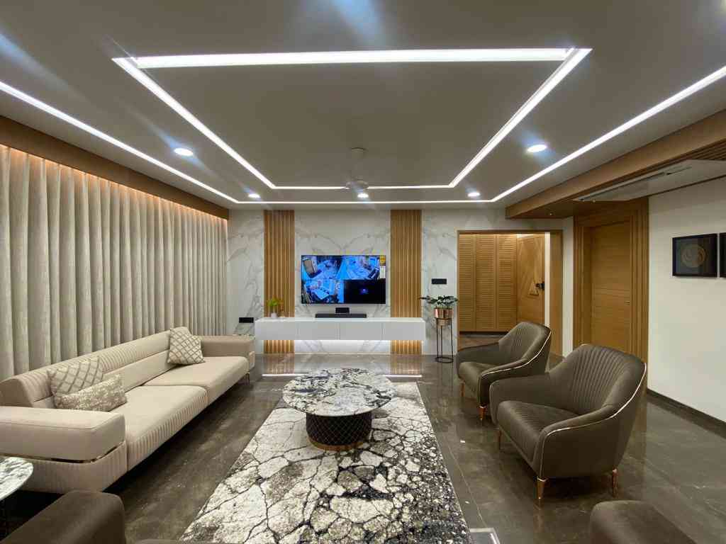 Modern Living Area Design With False Ceiling Light