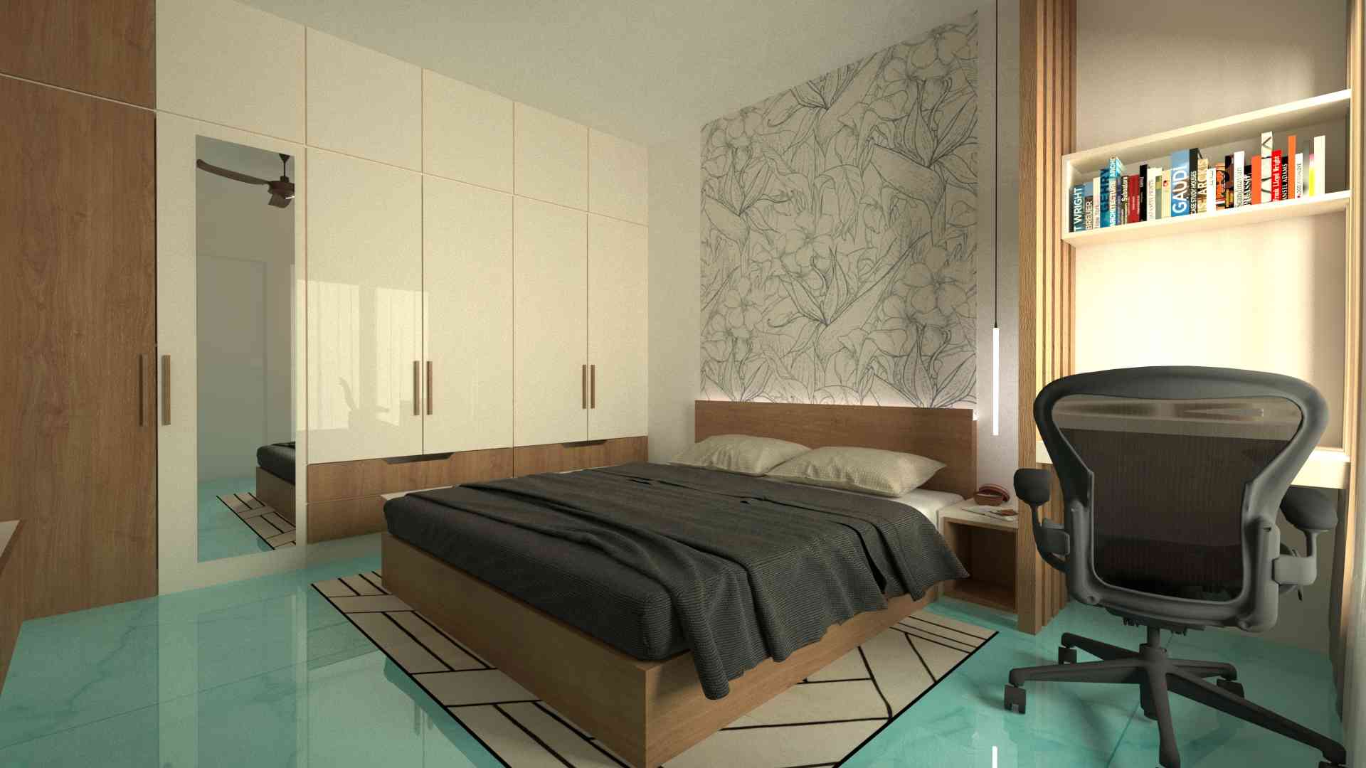Traditional Master Bedroom Design With Beige Damask Wallpaper And Wooden Furntiture