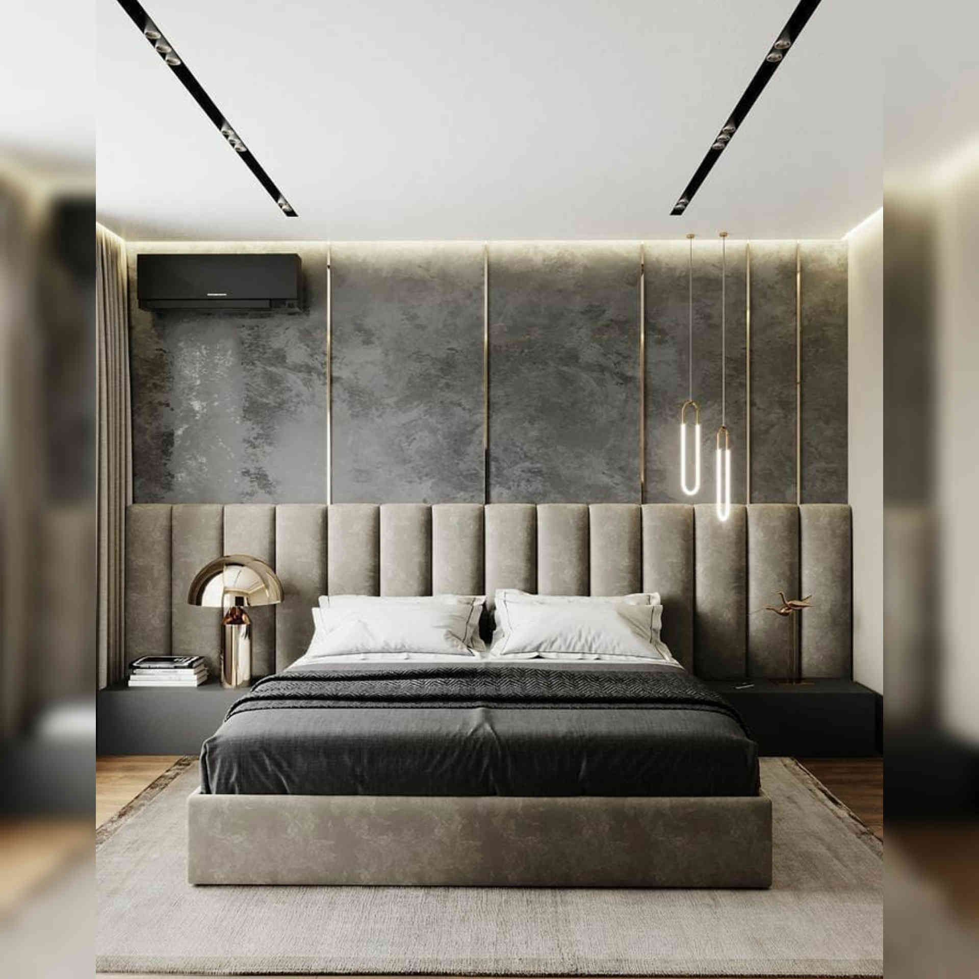 Contemporary Master Bedroom Design With Black Accent Wall And Trims
