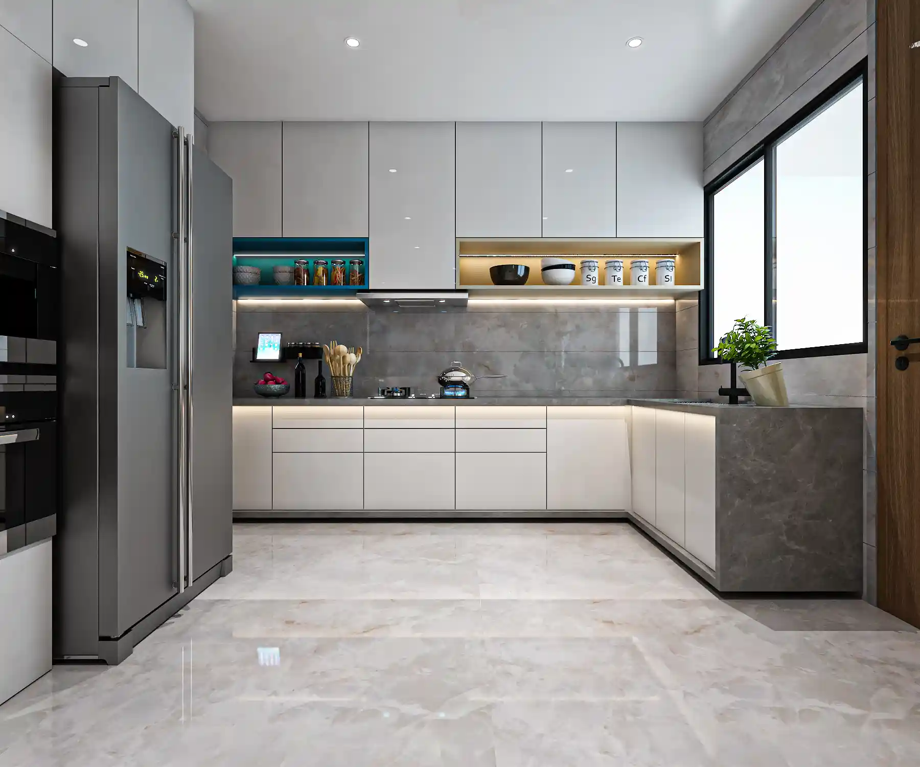 Modern Modular U-Shaped Kitchen Design With Grey And White Kitchen ...