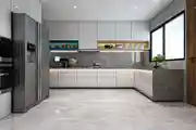 Modern Modular U-Shaped Kitchen Design With Grey And White Kitchen Cabinets