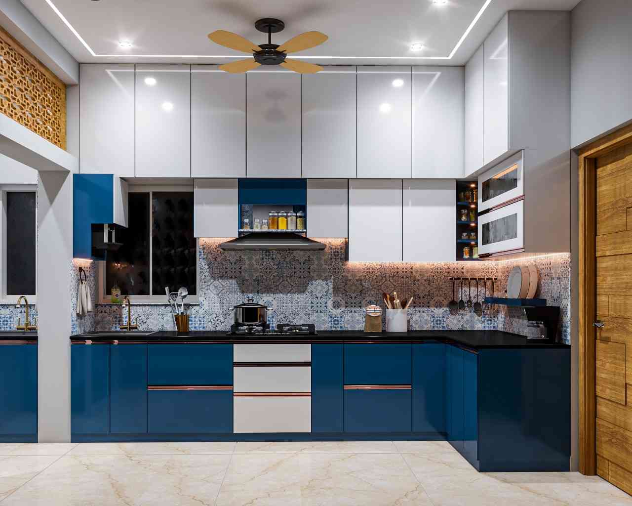 Modern L-Shaped Kitchen Design With Blue And Grey Kitchen Cabinets