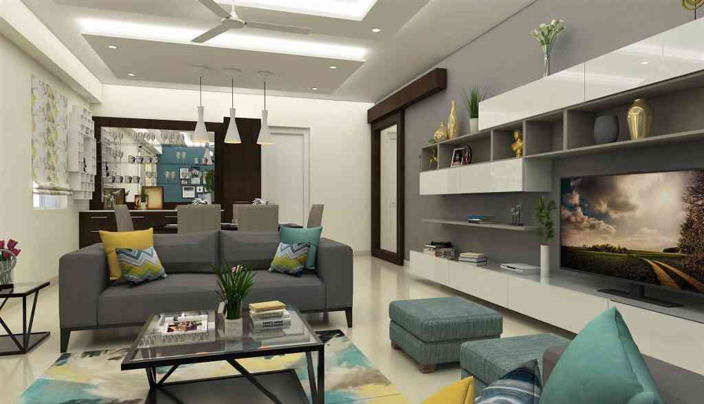 Modern Living Room Design With Grey Sectional Sofa And 6-Seater Dining Table