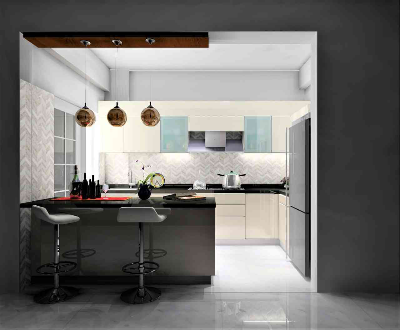 Modular L-Shaped Kitchen Design with Light Beige Cabinets