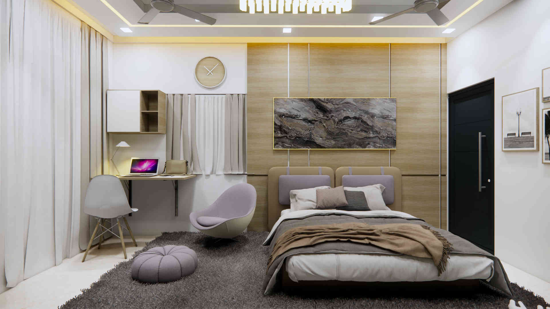Modern Bedroom Design With Light Yellow Wall And Themed Wallpaper
