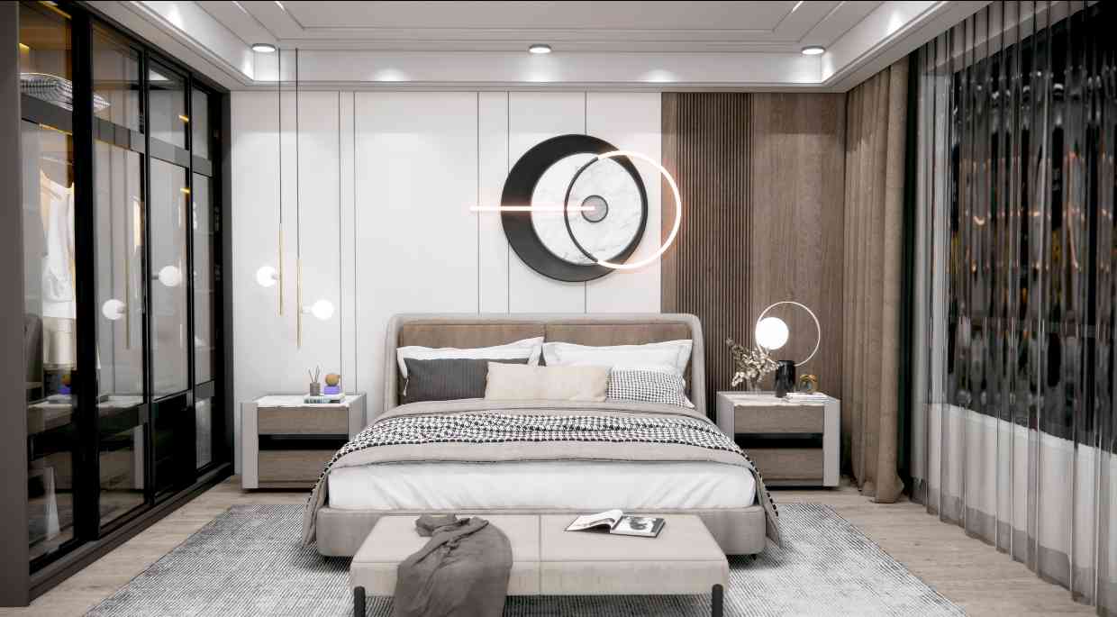 Contemporary Spacious Master Bedroom Design With Beige Panelled Wall