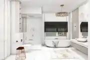 Minimal White Bathroom Design With Perfect Lighting Fixtures