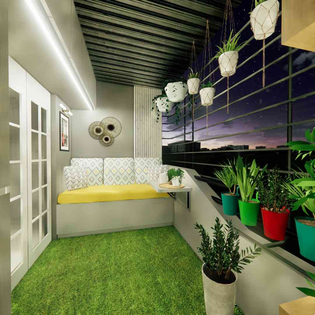 Balcony Design with Planters and Grass Mat
