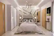 Contemporary Master Bedroom Design With White And Wooden Sliding Wardrobe