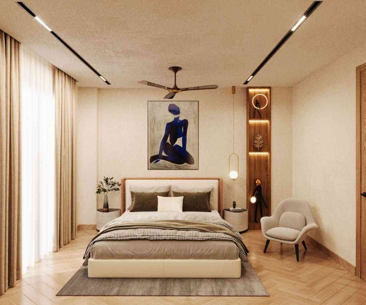 Modern Master Bedroom Design With Yellow Sliding Wardrobe
