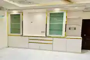 Modern White and Gold Display Cabinet with Glass Shelves 