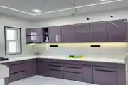 Contemporary Purple Modular Kitchen with LED Lighting and Marble Finish