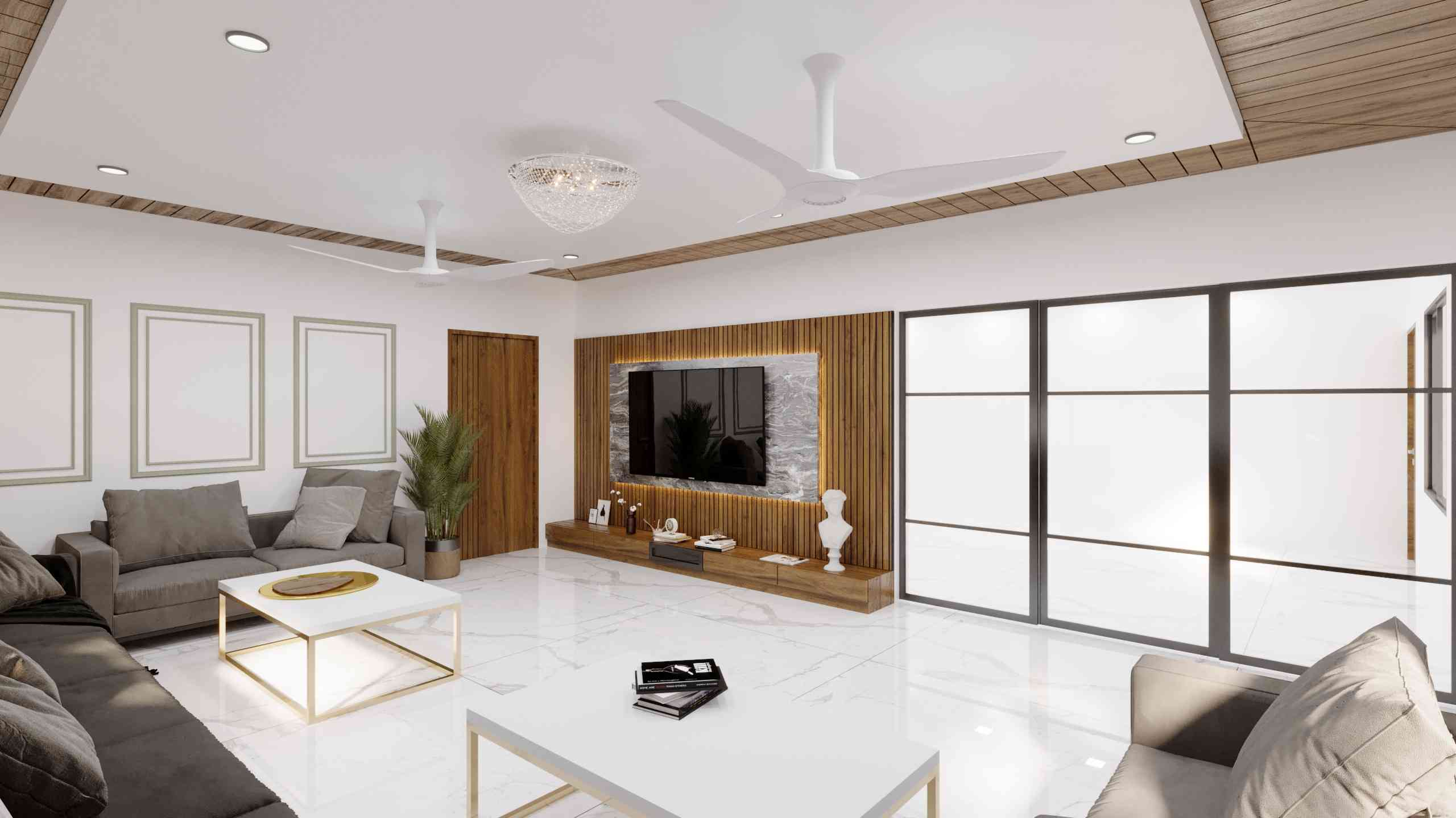 Modern Living Room Design With Grey Sofa And Beige Toned TV Wall Panel