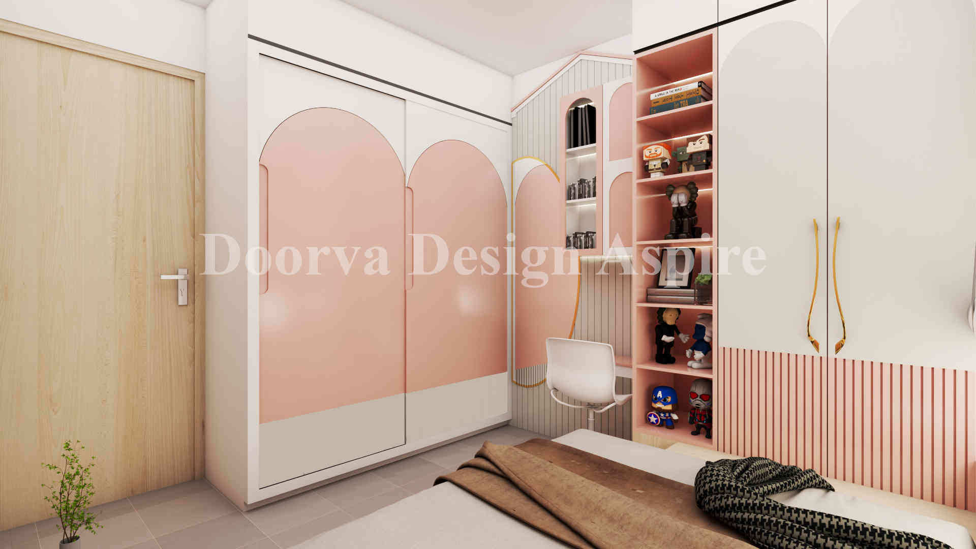 Modern Pink And White Kids Bedroom Design With Wardrobe