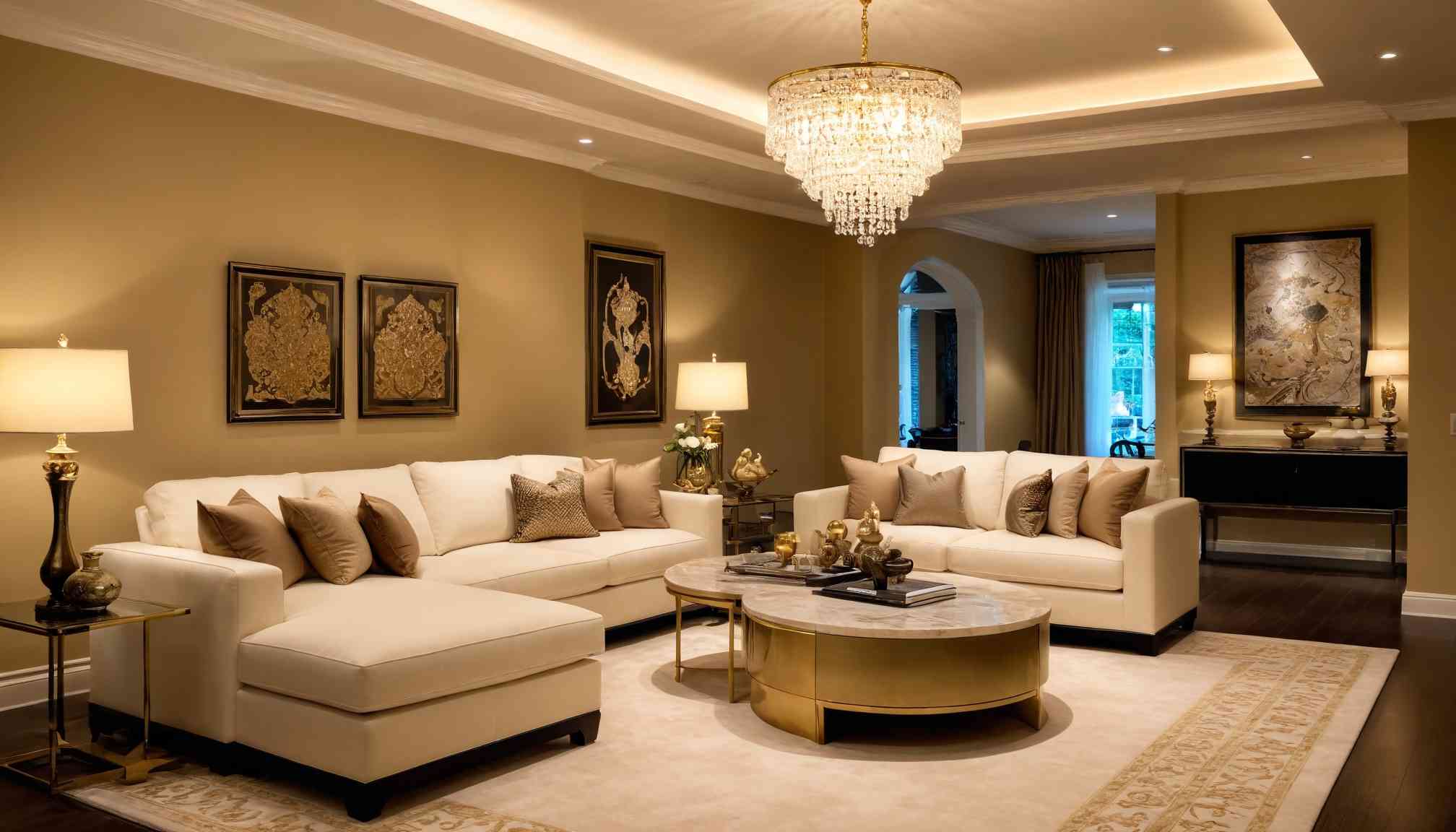 This luxurious living room embraces a classic and elegant theme, blending cream-toned furniture with gold accents for a sophisticated ambiance. A gran