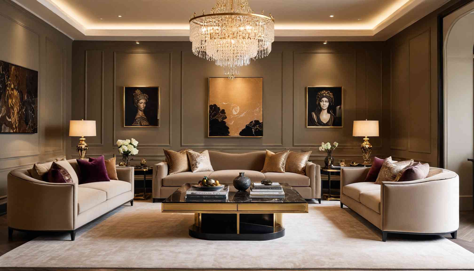 This luxurious living room showcases a timeless and elegant design with a neutral color palette enriched by gold and velvet accents. Sophisticated wal