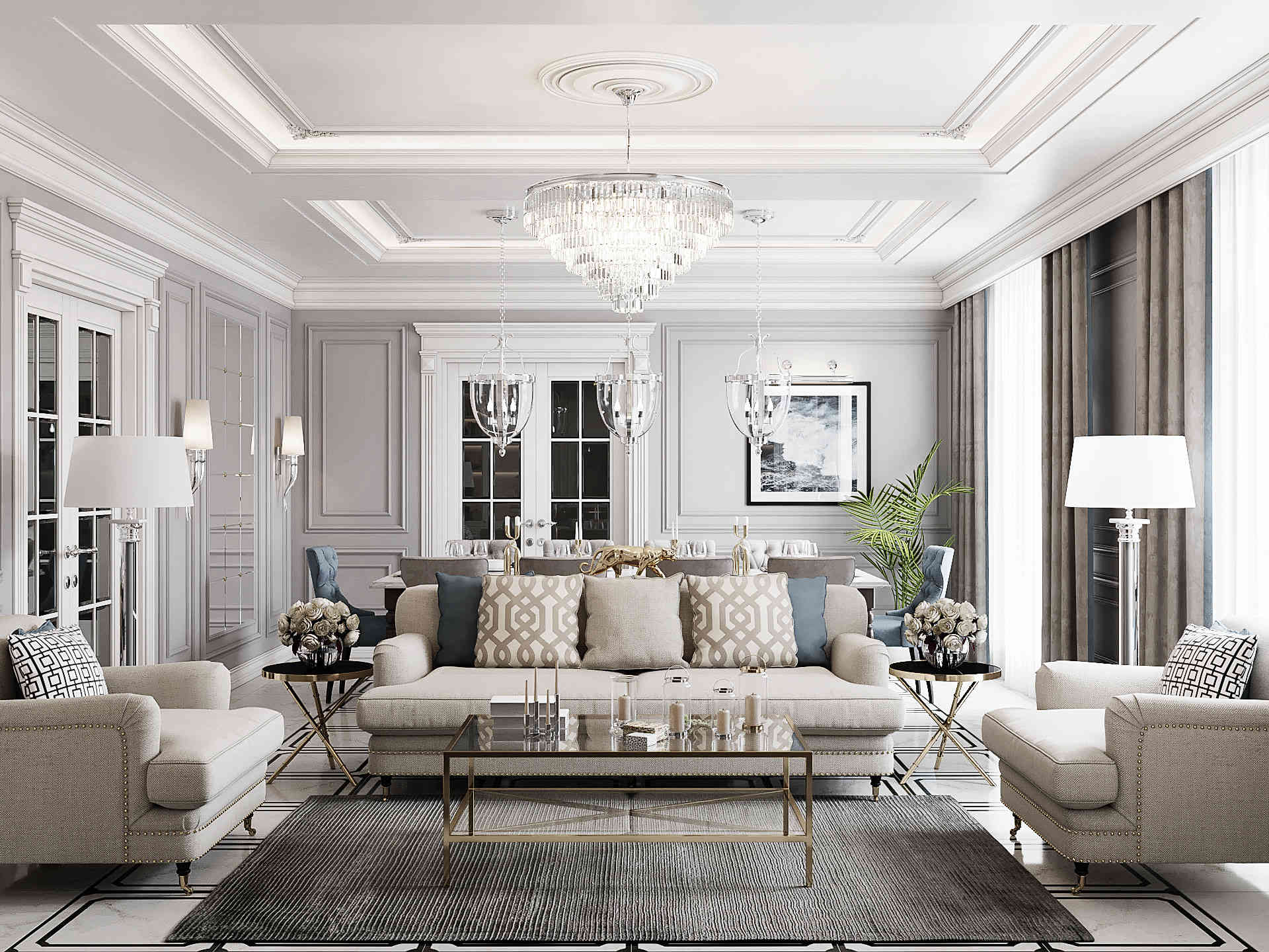 Contemporary Living Room Design With Luxury Furniture And Chandelier