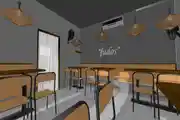Modern Cafe Interior with Warm Earthy Tones and Ambient Lighting