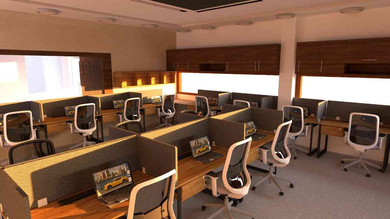 Modern Office Workspace with Ergonomic Seating and Warm Lighting