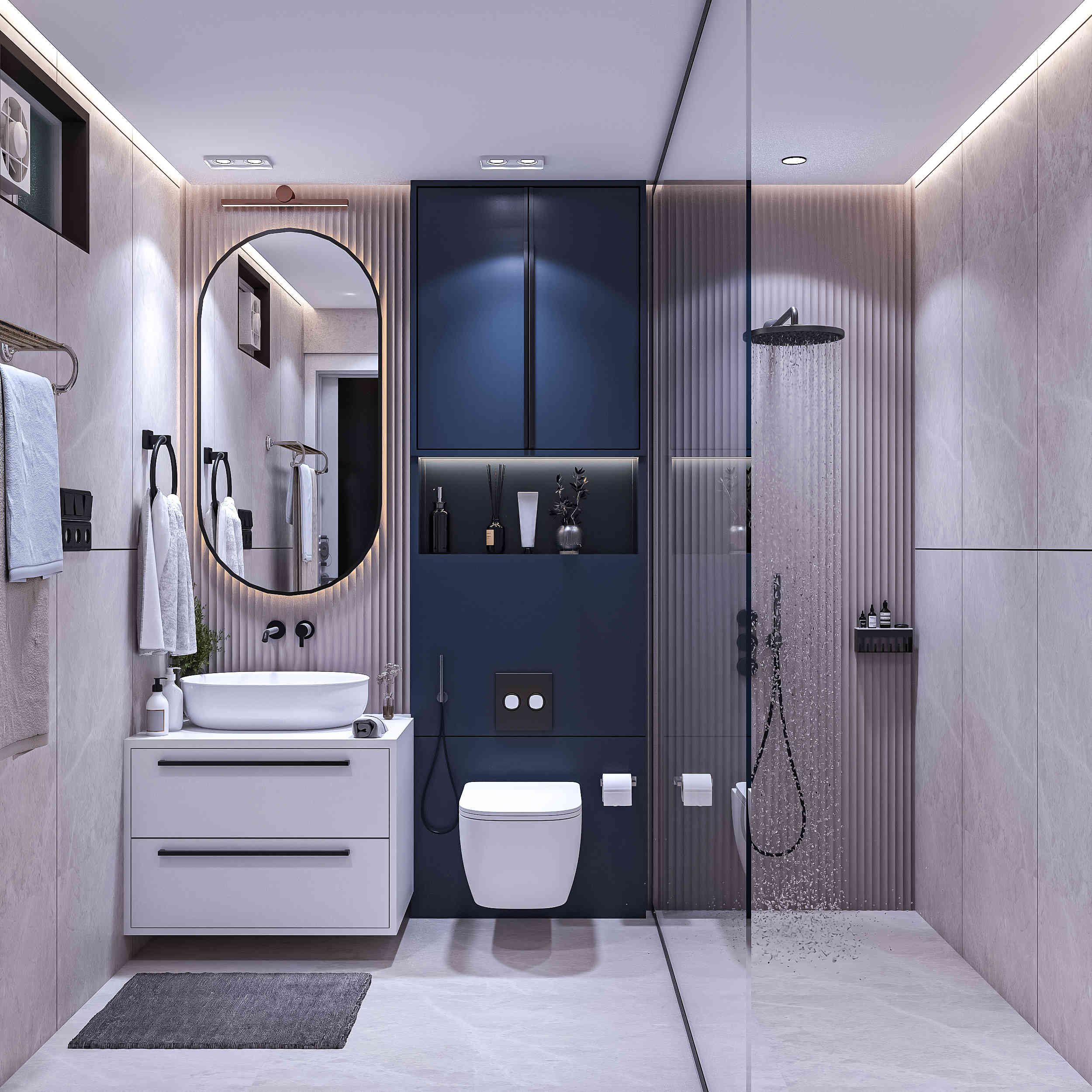 Modern Bathroom Design with Blue Tiles, Marble Wall and Vanity