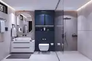 Modern Bathroom Design with Blue Tiles, Marble Wall and Vanity