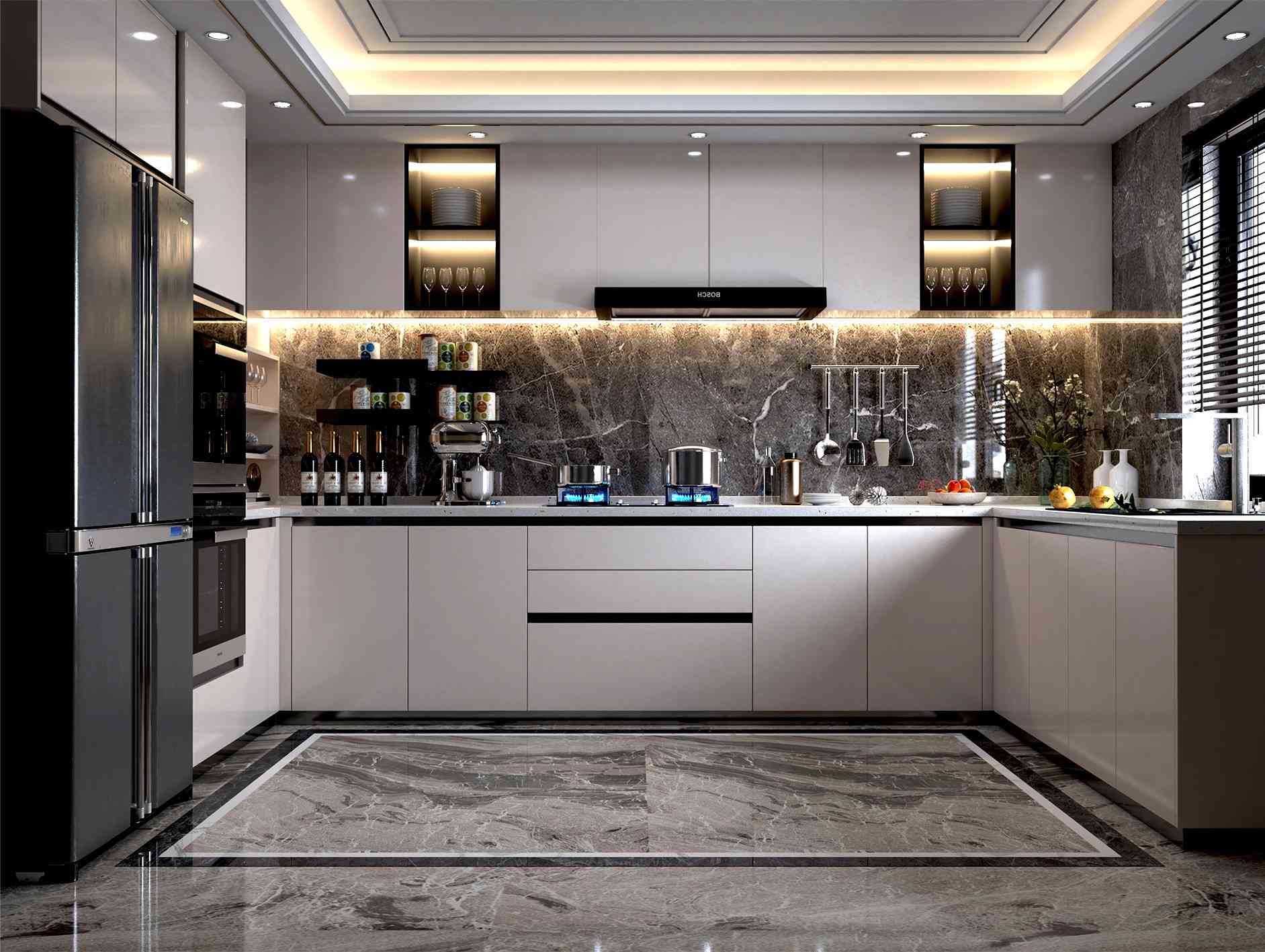 Contemporary U-Shaped Kitchen Design with Granite Countertop