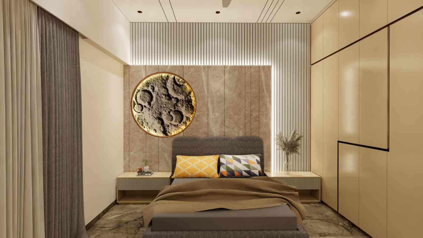 Modern Minimalist Bedroom with Lunar-Inspired Wall Art and Warm Tones