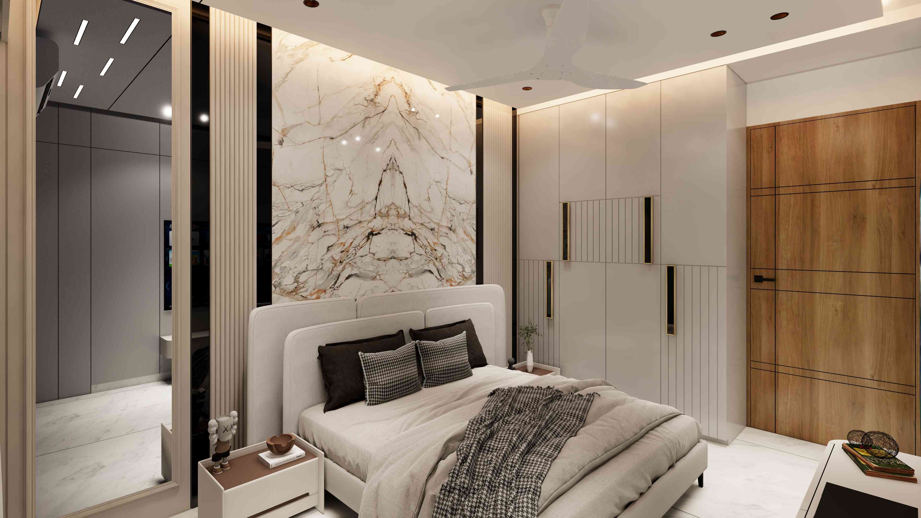 Modern Luxury Bedroom with Elegant Marble Accent Wall and Neutral Tones