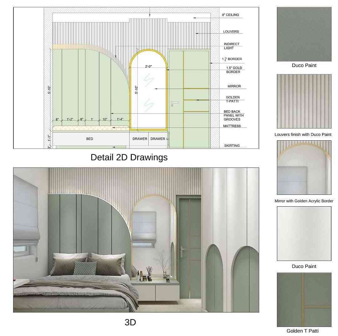 Detailed 2D of Bedroom and Elevation, Bedroom Interior Design With Modern Blend