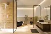 Elegant and Spacious Modern Bathroom with Warm Wood Textures