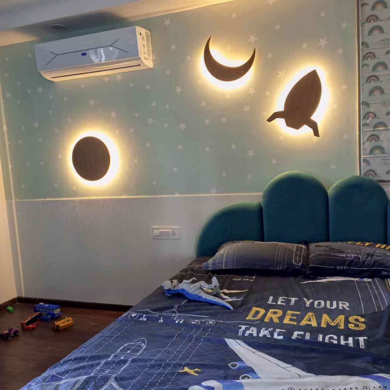 Dreamy Space-Themed Kids' Bedroom With Glowing Wall Lights 