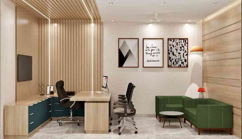 Stylish office cabin with modern furniture and decor